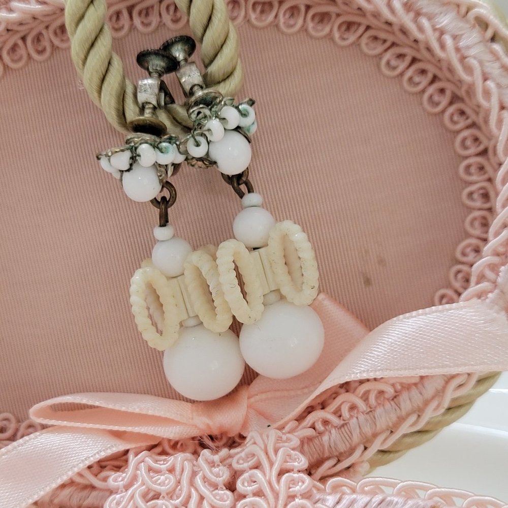 Miriam Haskell Earrings Art Deco Milk Glass White Screw backs